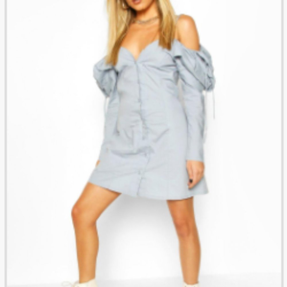 COTTON COLD SHOULDER PUFF SLEEVE MINI DRESS